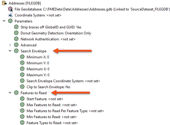 The Search Envelope and Features to Read parameters in the Navigator